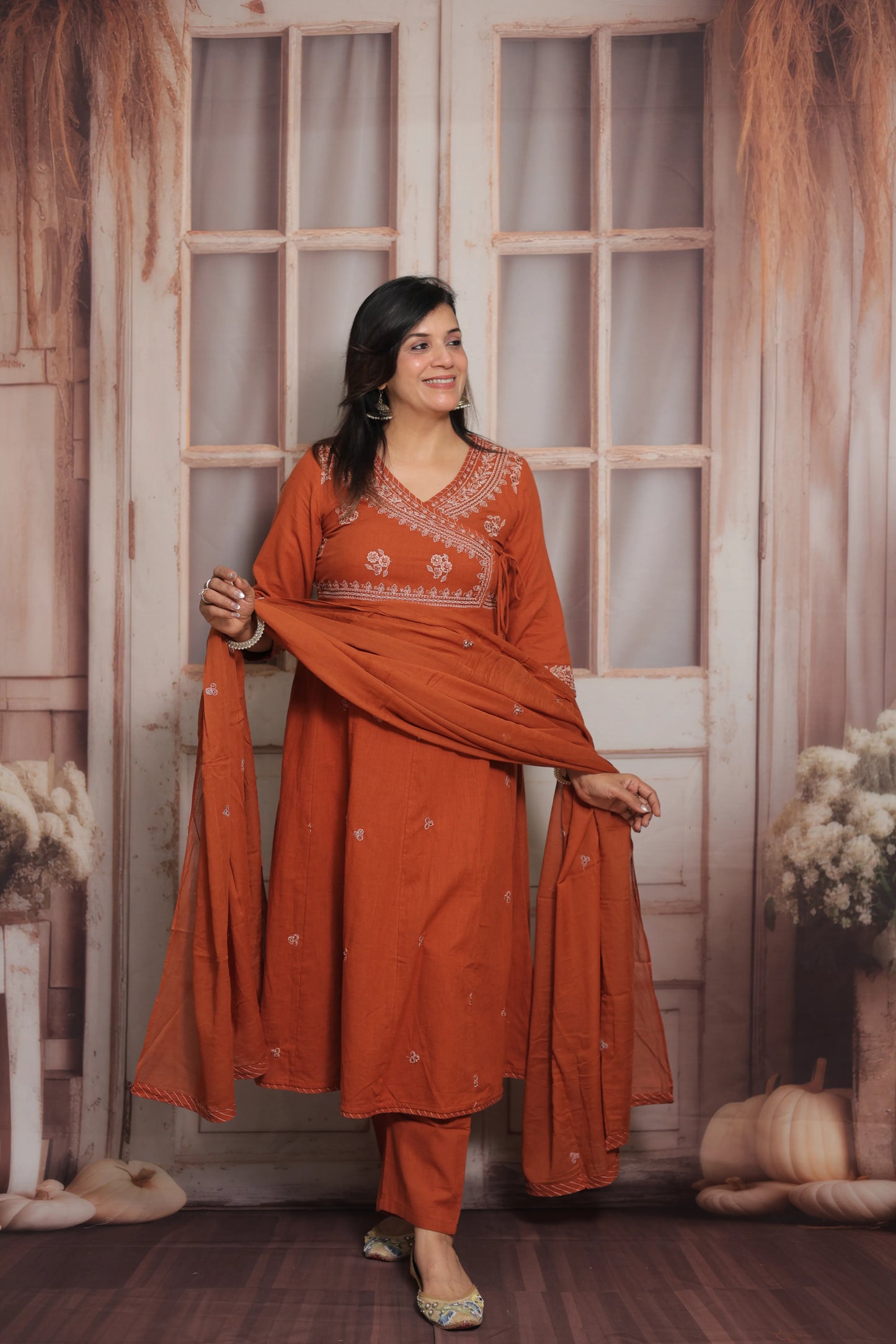 Rust Angrakha Style Kurta Dupatta Set | Cotton