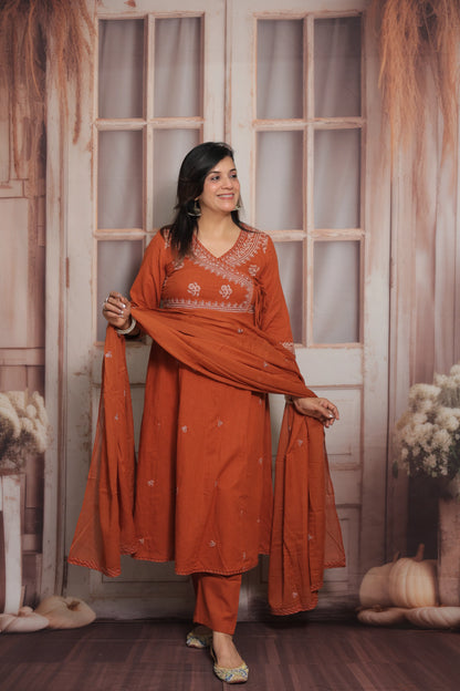 Rust Angrakha Style Kurta Dupatta Set | Cotton