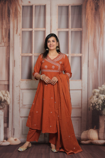 Rust Angrakha Style Kurta Dupatta Set | Cotton