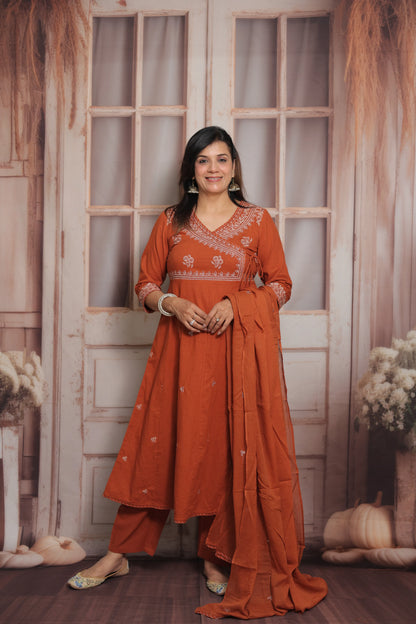 Rust Angrakha Style Kurta Dupatta Set | Cotton