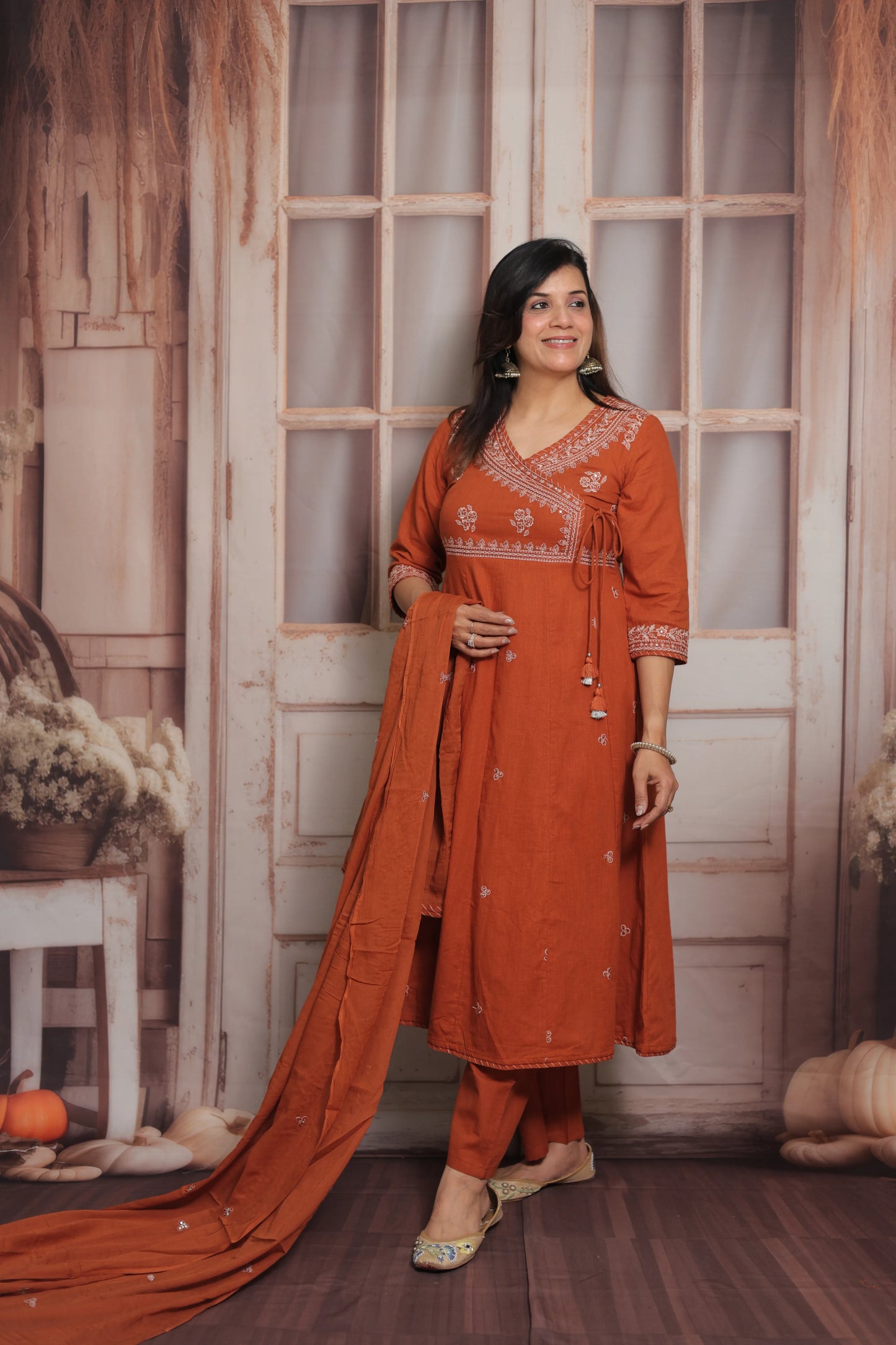 Rust Angrakha Style Kurta Dupatta Set | Cotton