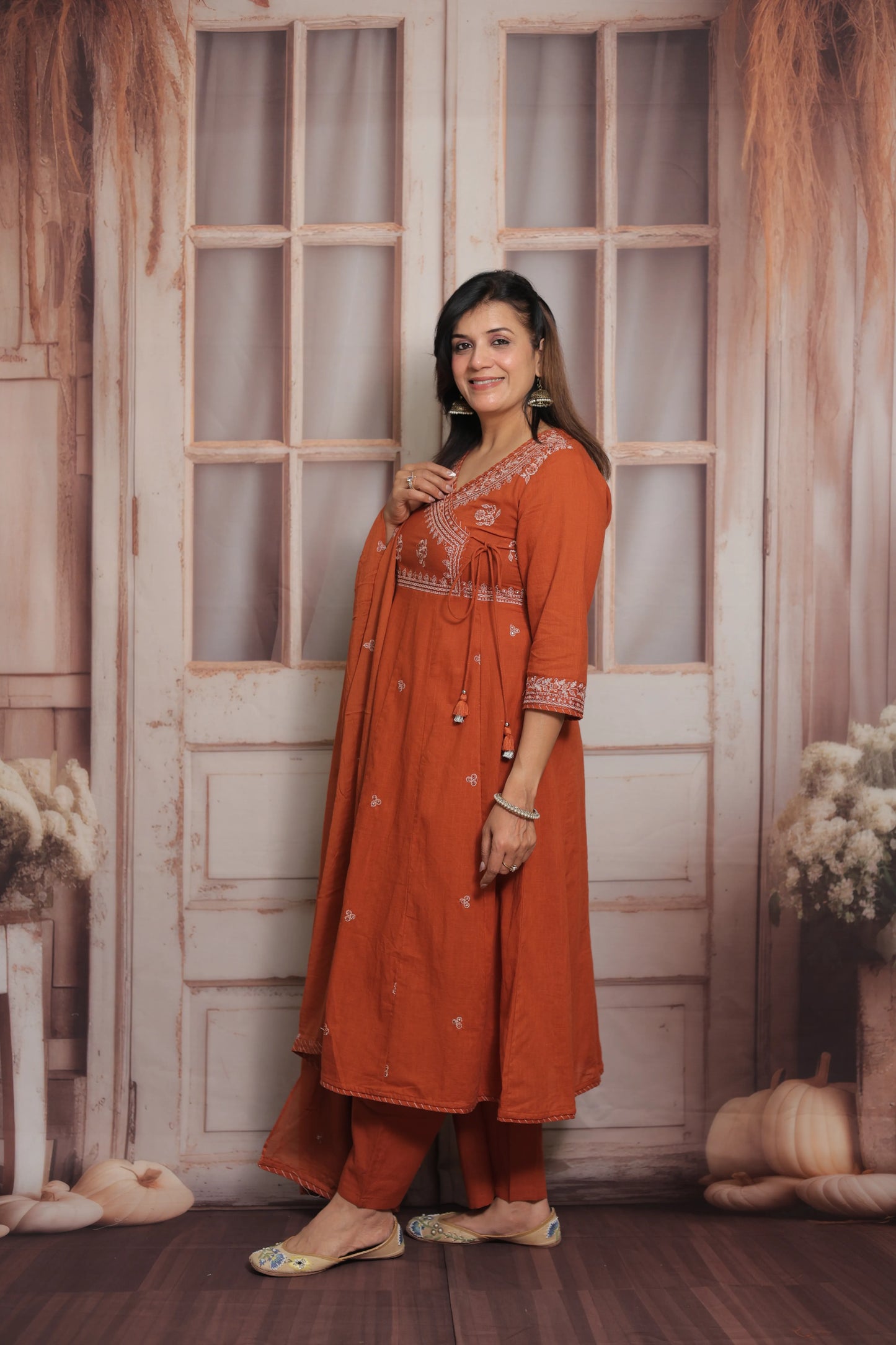 Rust Angrakha Style Kurta Dupatta Set | Cotton