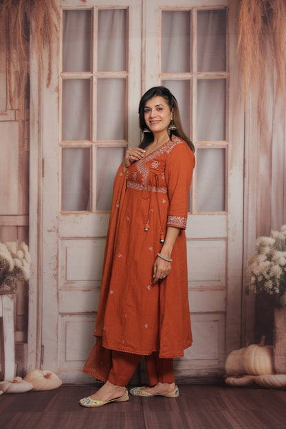 Rust Angrakha Style Kurta Dupatta Set | Cotton