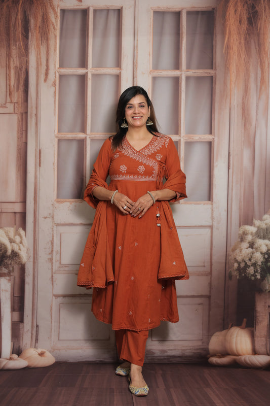 Rust Angrakha Style Kurta Dupatta Set | Cotton