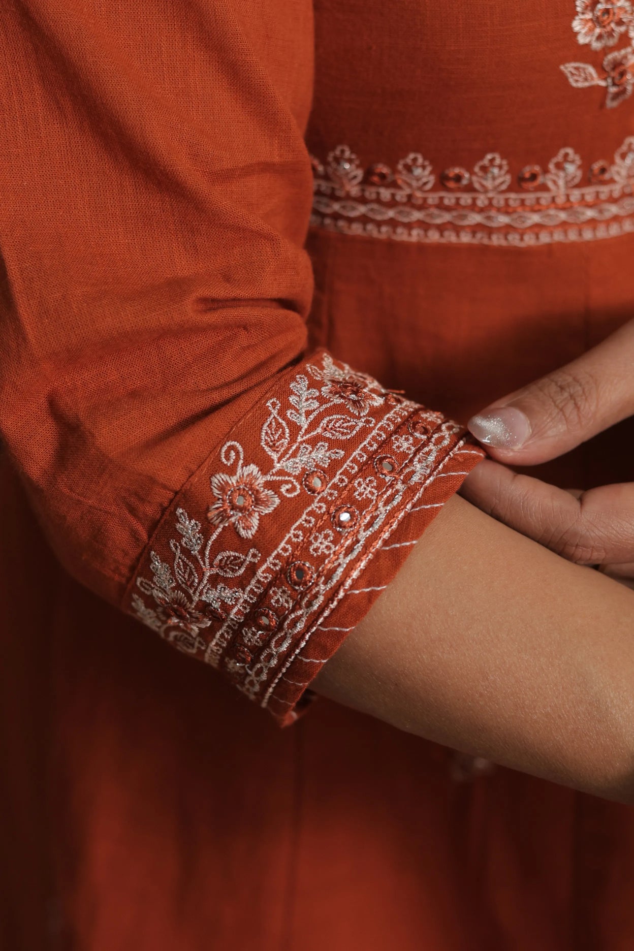 Rust Angrakha Style Kurta Dupatta Set | Cotton