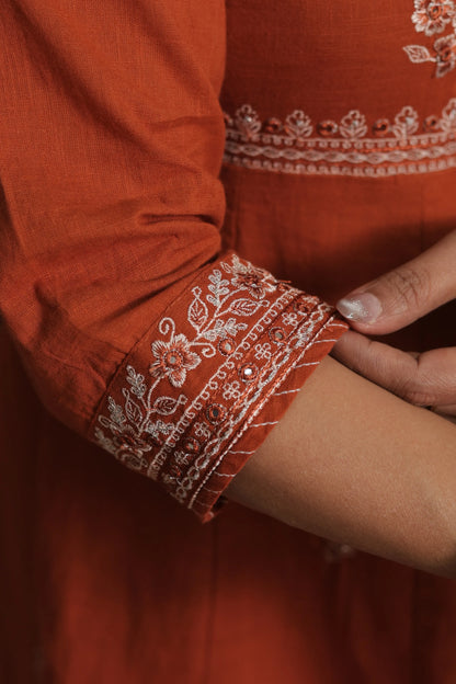 Rust Angrakha Style Kurta Dupatta Set | Cotton