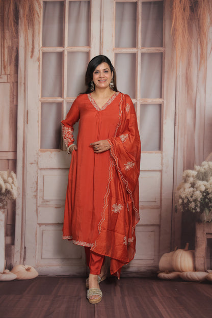 Burnt Orange A-Line Kurta Dupatta Set | Mul Chande