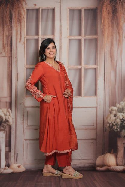 Burnt Orange A-Line Kurta Dupatta Set | Mul Chande