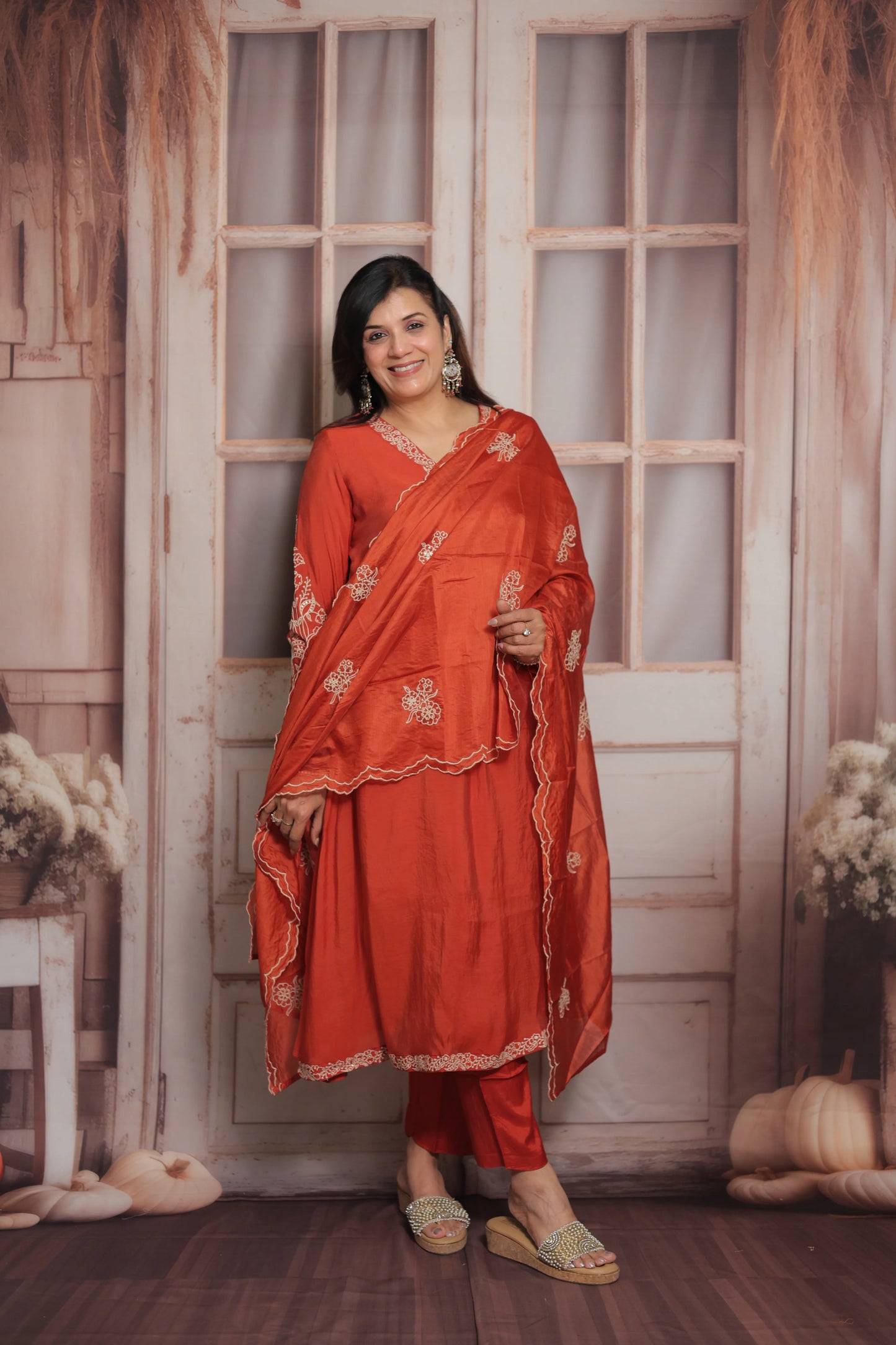 Burnt Orange A-Line Kurta Dupatta Set | Mul Chande