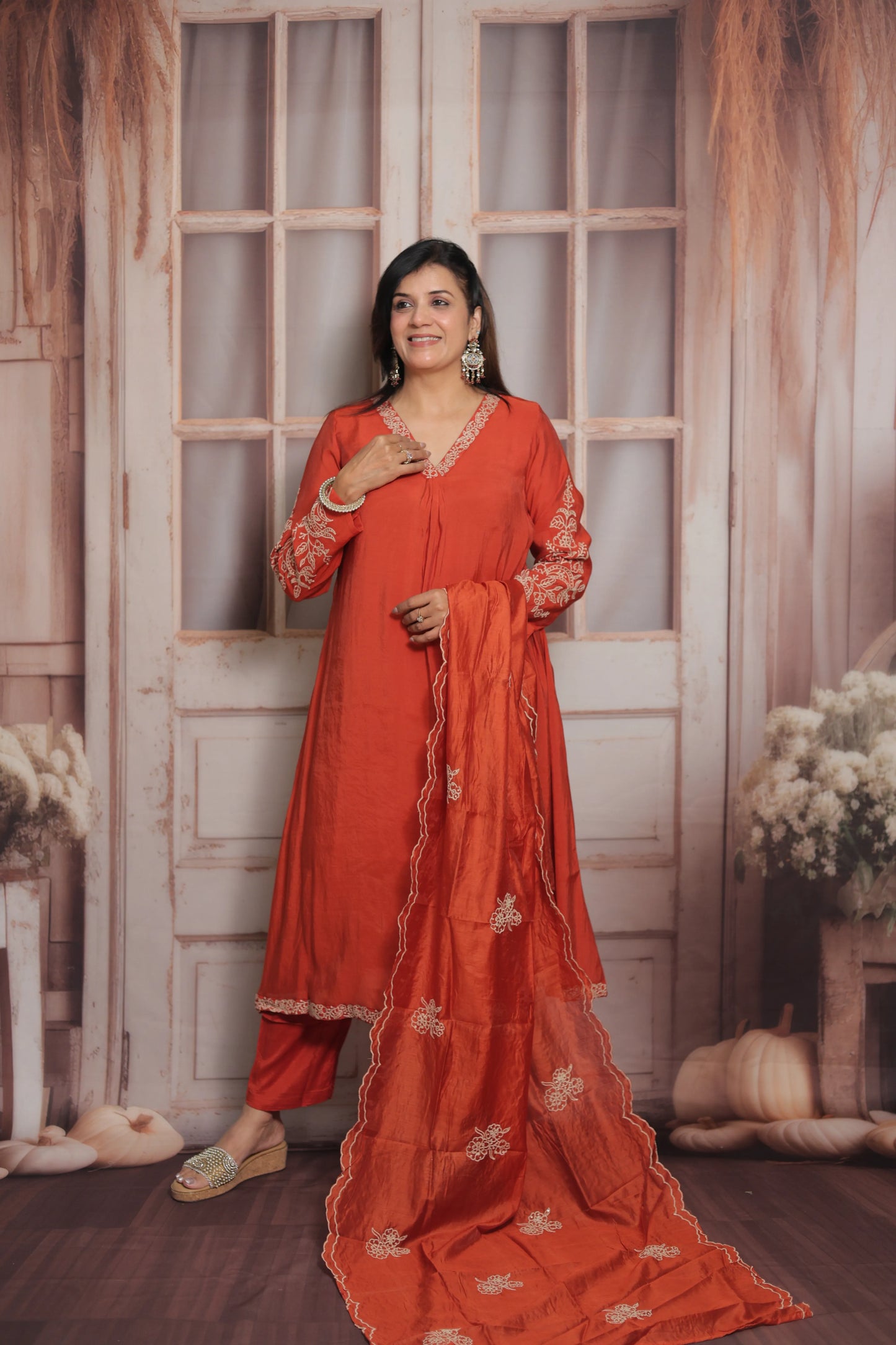 Burnt Orange A-Line Kurta Dupatta Set | Mul Chande