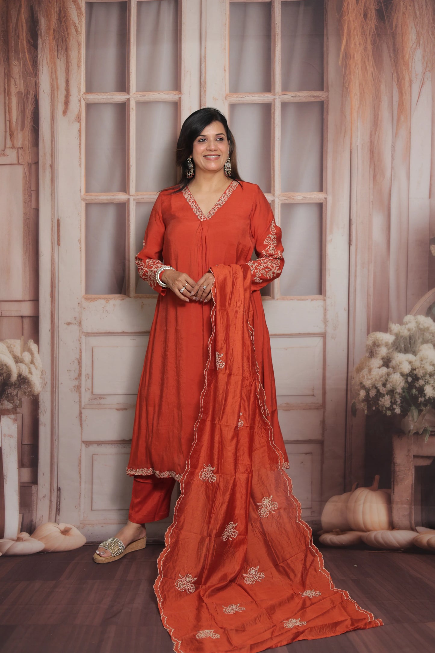 Burnt Orange A-Line Kurta Dupatta Set | Mul Chande
