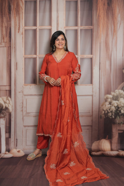 Burnt Orange A-Line Kurta Dupatta Set | Mul Chande