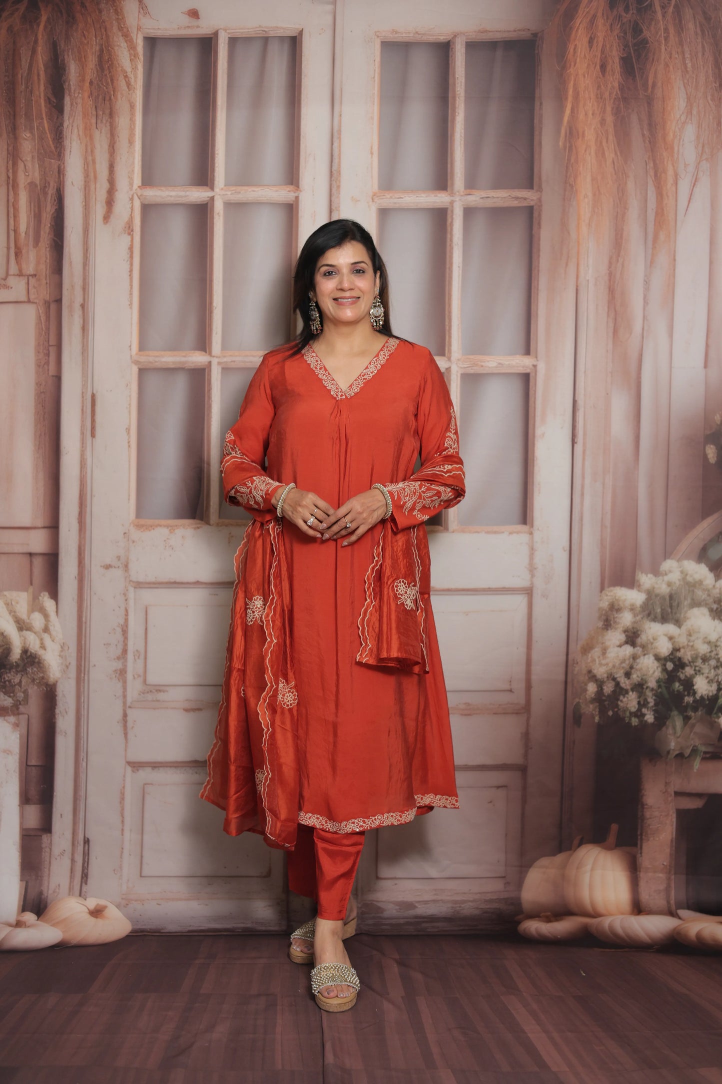 Burnt Orange A-Line Kurta Dupatta Set | Mul Chande