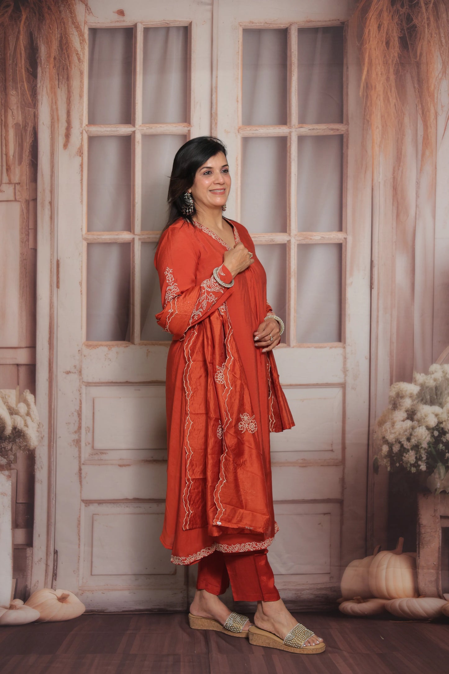 Burnt Orange A-Line Kurta Dupatta Set | Mul Chande