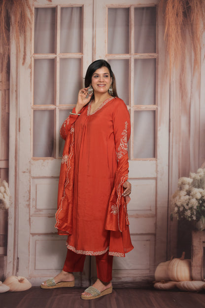 Burnt Orange A-Line Kurta Dupatta Set | Mul Chande