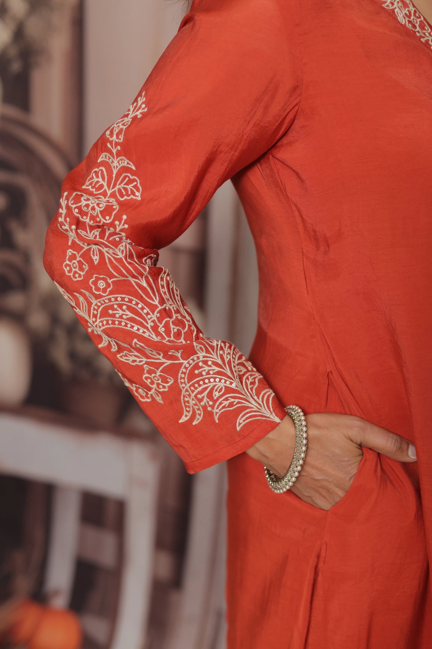 Burnt Orange A-Line Kurta Dupatta Set | Mul Chande