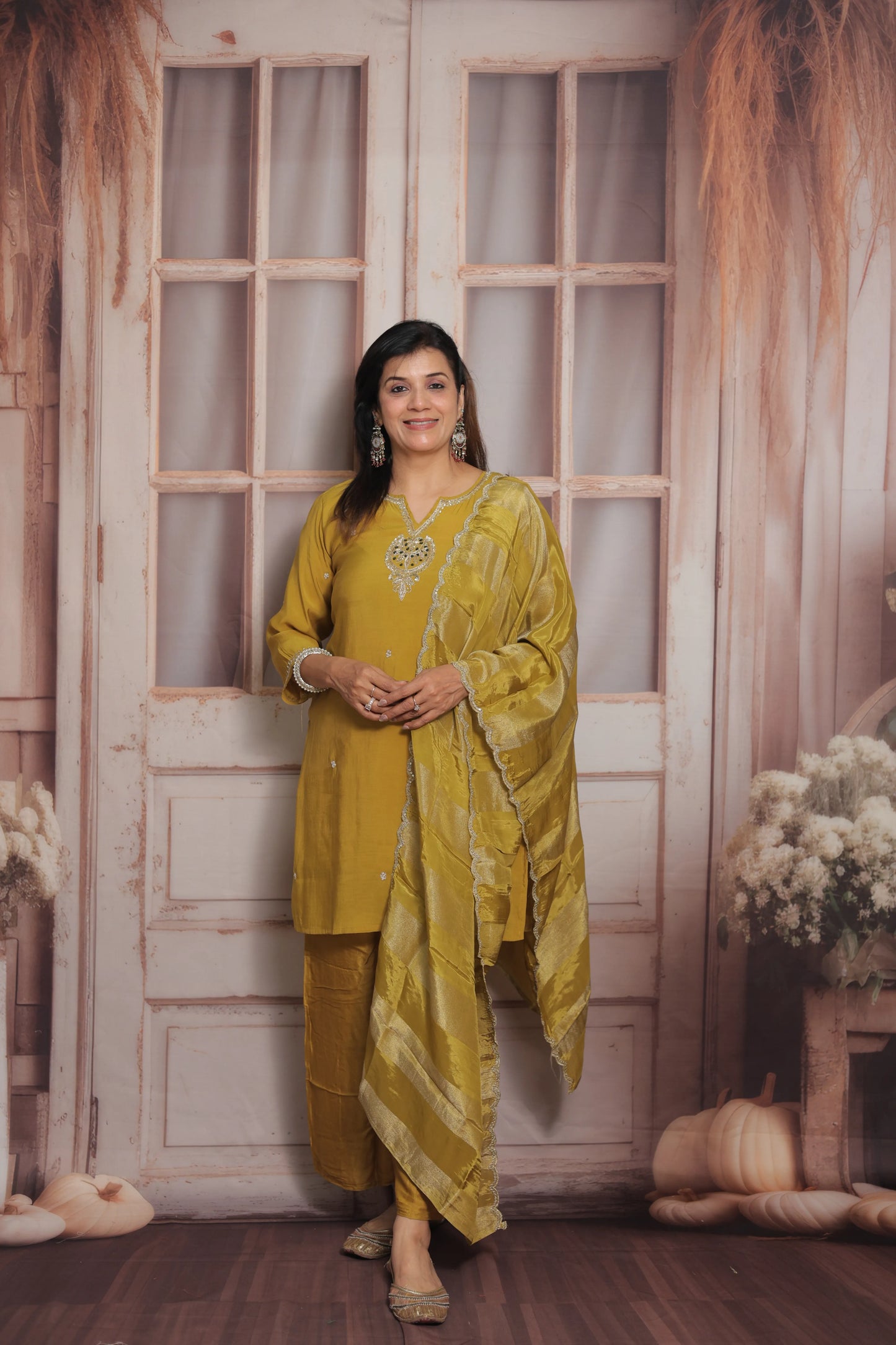 Golden Palm Short Kurta Dupatta Set | Zardozi, Sequins & Pearl Embroidery