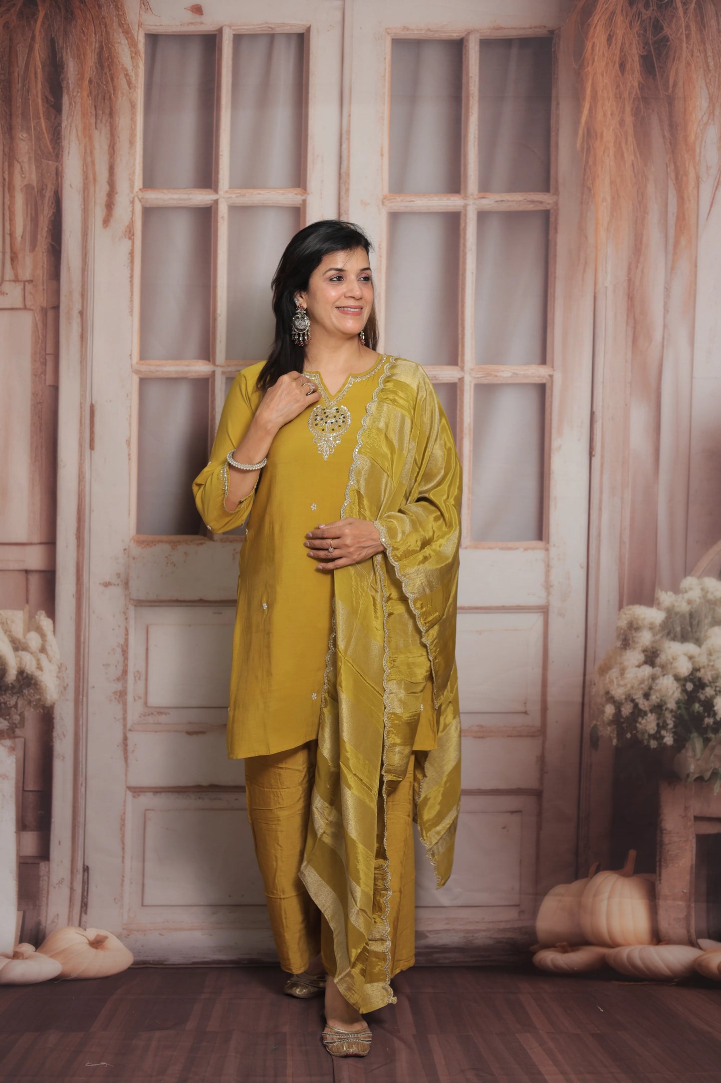 Golden Palm Short Kurta Dupatta Set | Zardozi, Sequins & Pearl Embroidery