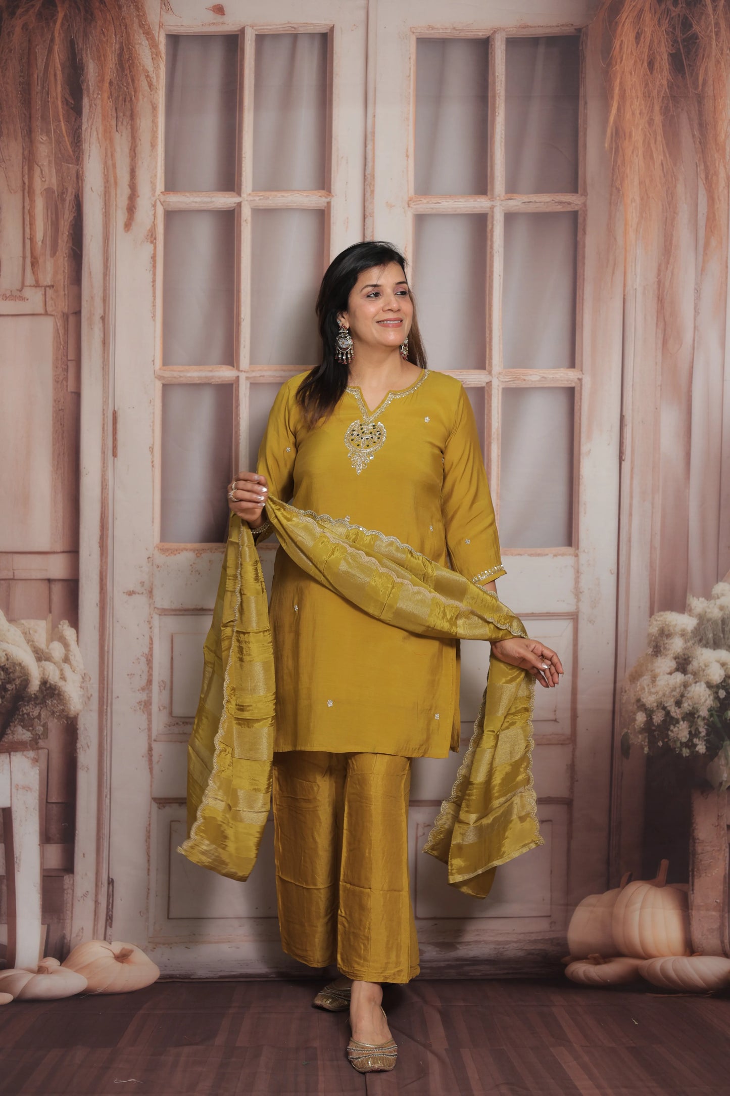 Golden Palm Short Kurta Dupatta Set | Zardozi, Sequins & Pearl Embroidery