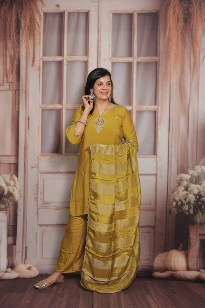 Golden Palm Short Kurta Dupatta Set | Zardozi, Sequins & Pearl Embroidery