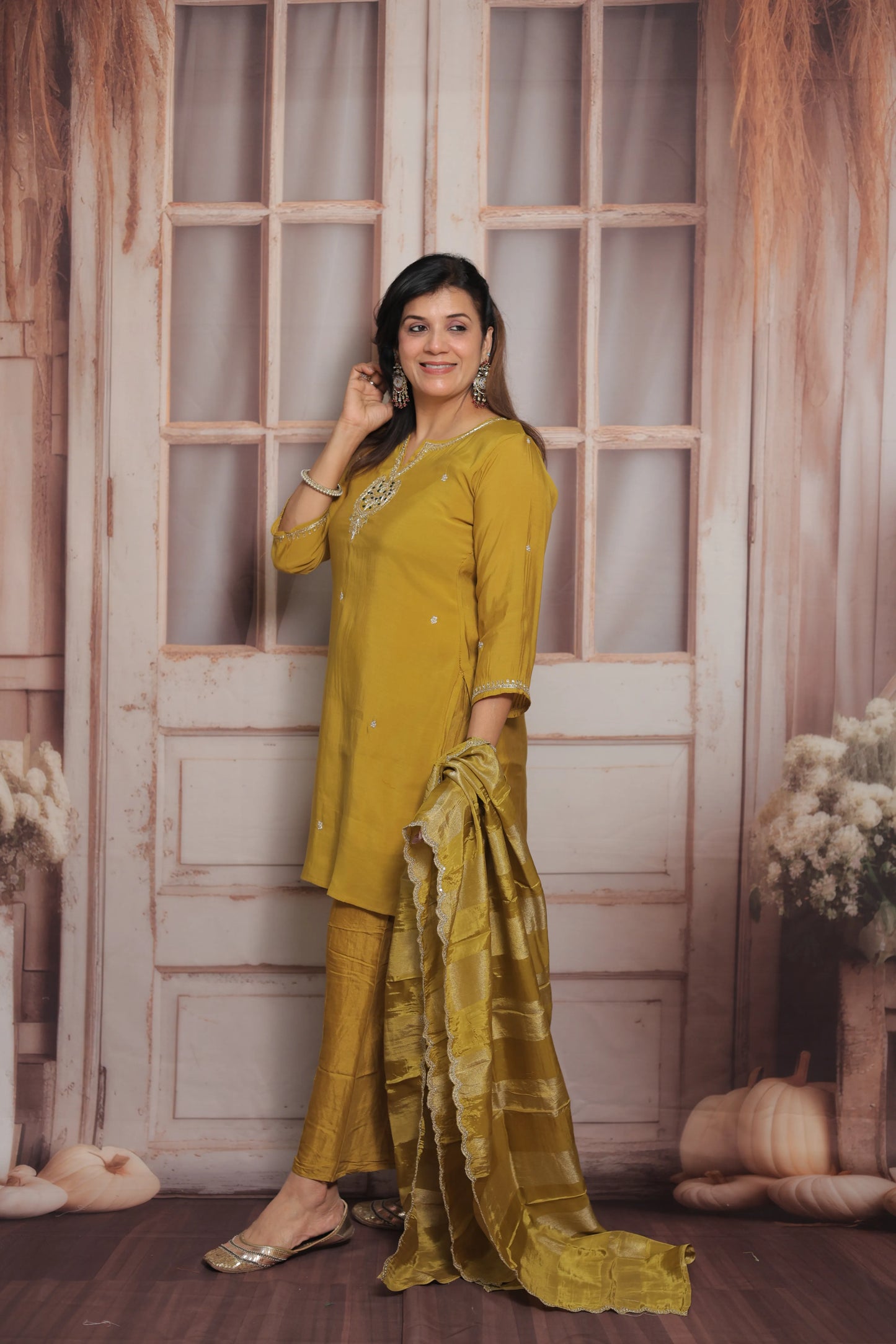 Golden Palm Short Kurta Dupatta Set | Zardozi, Sequins & Pearl Embroidery