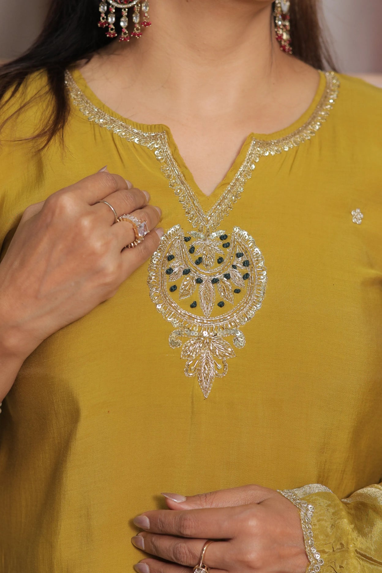 Golden Palm Short Kurta Dupatta Set | Zardozi, Sequins & Pearl Embroidery