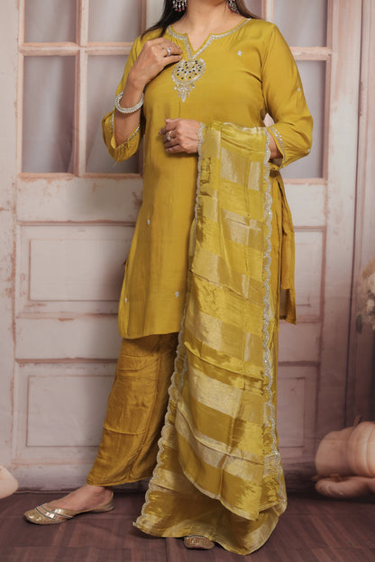 Golden Palm Short Kurta Dupatta Set | Zardozi, Sequins & Pearl Embroidery