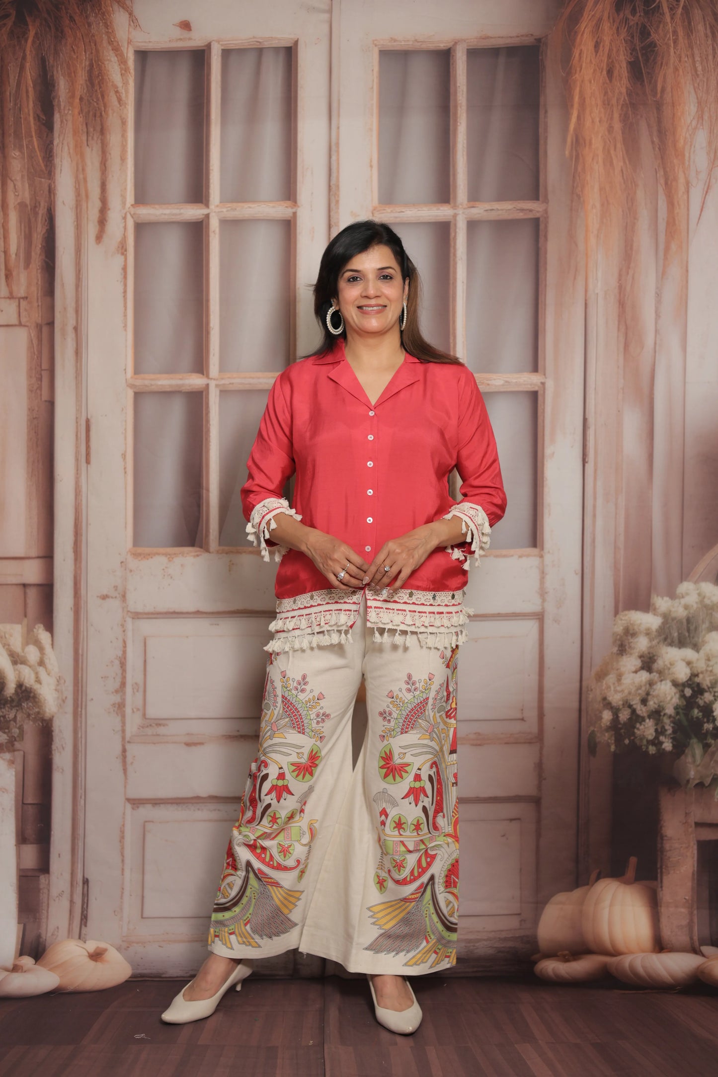 Reddish Pink Printed Co'ord Set (Plazo Set) | Muslin & Cotton