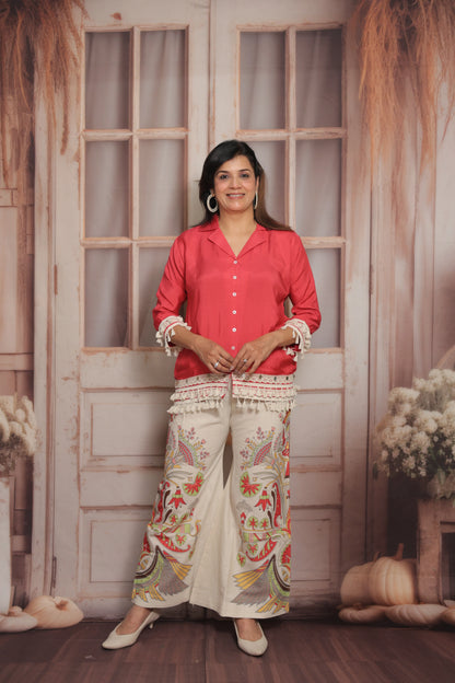 Reddish Pink Printed Co'ord Set (Plazo Set) | Muslin & Cotton