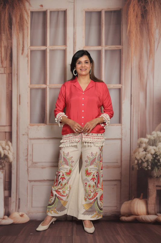 Reddish Pink Printed Co'ord Set (Plazo Set) | Muslin & Cotton
