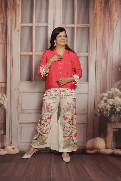 Reddish Pink Printed Co'ord Set (Plazo Set) | Muslin & Cotton