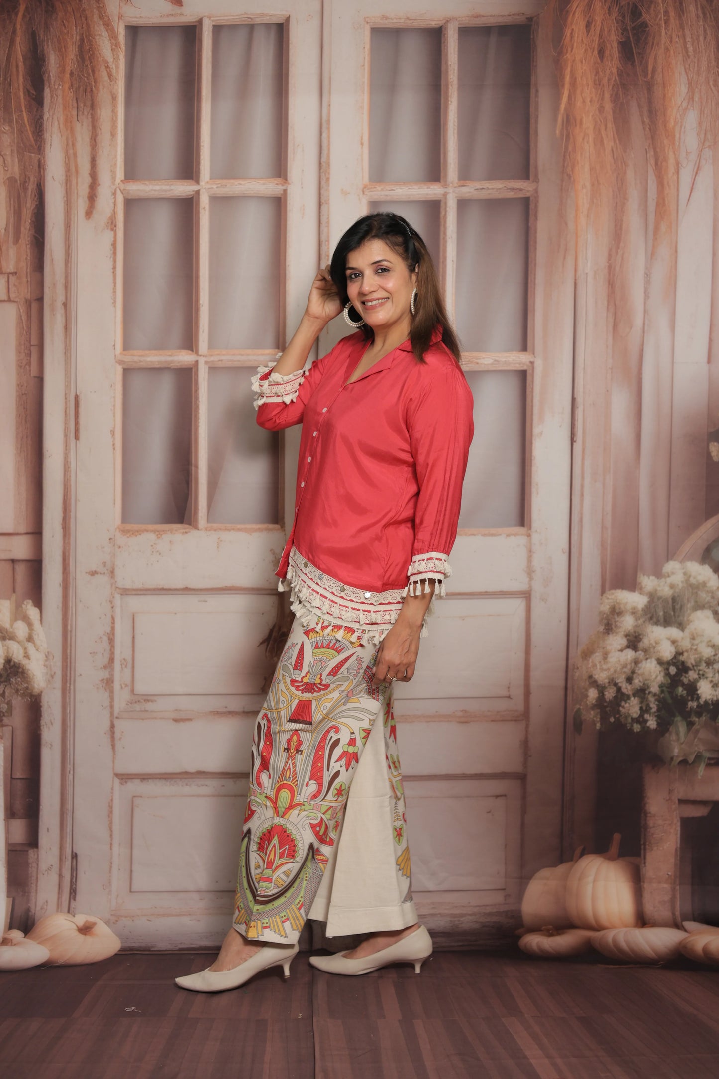 Reddish Pink Printed Co'ord Set (Plazo Set) | Muslin & Cotton
