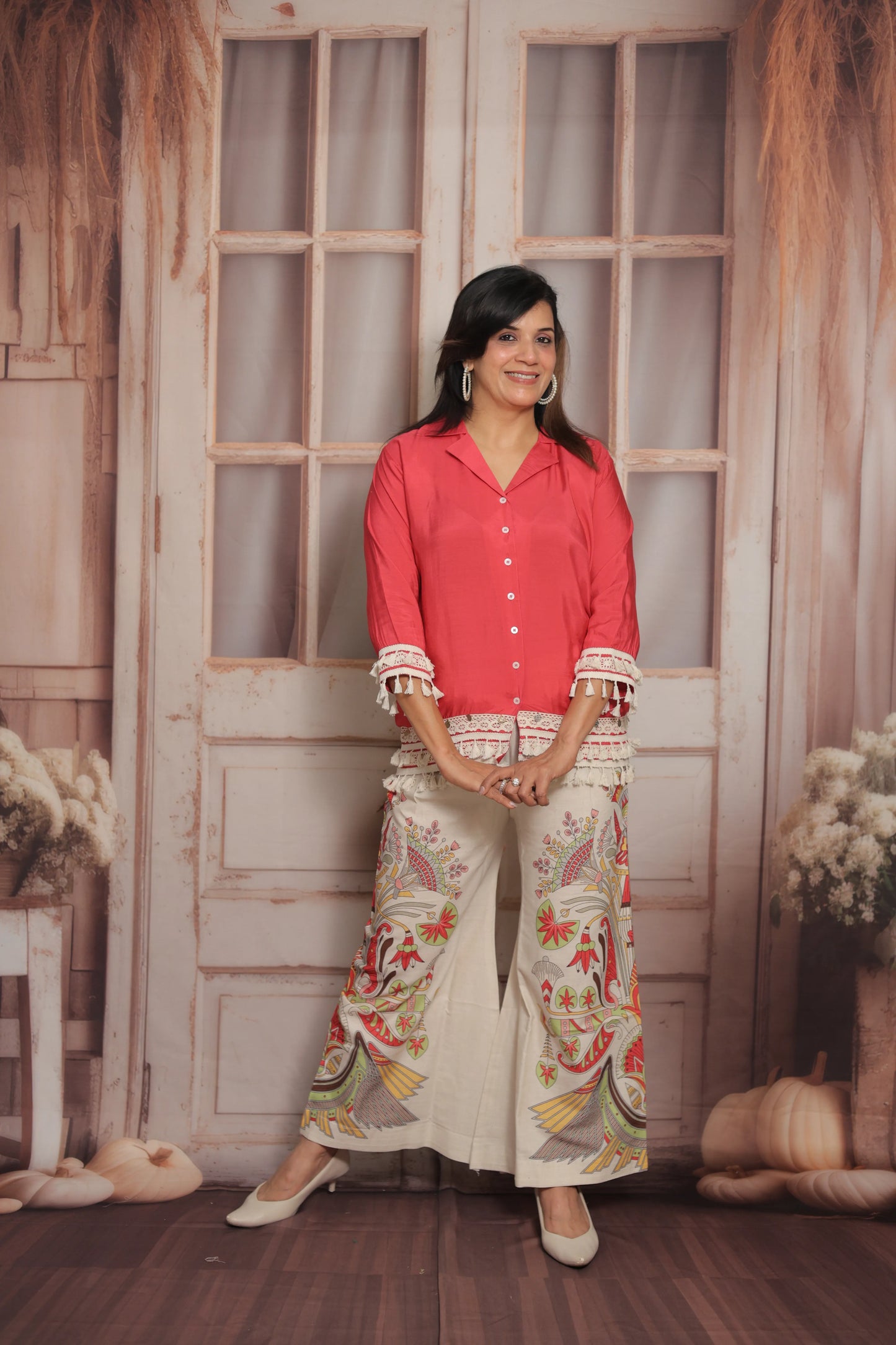 Reddish Pink Printed Co'ord Set (Plazo Set) | Muslin & Cotton