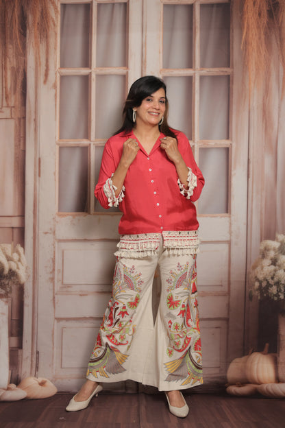 Reddish Pink Printed Co'ord Set (Plazo Set) | Muslin & Cotton