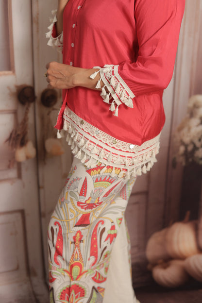 Reddish Pink Printed Co'ord Set (Plazo Set) | Muslin & Cotton