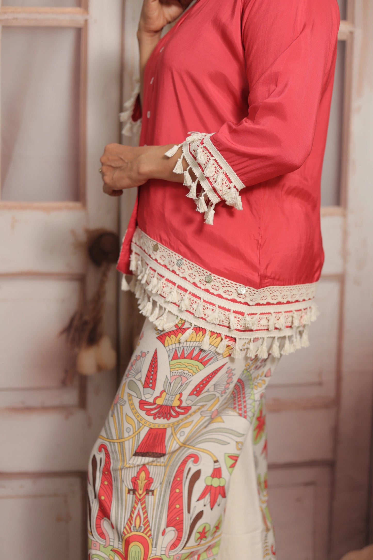 Reddish Pink Printed Co'ord Set (Plazo Set) | Muslin & Cotton