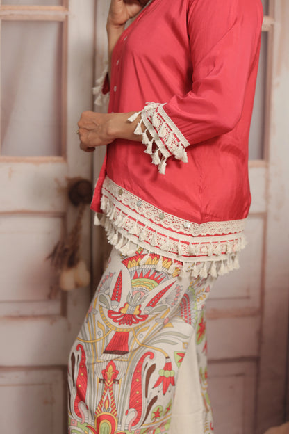 Reddish Pink Printed Co'ord Set (Plazo Set) | Muslin & Cotton