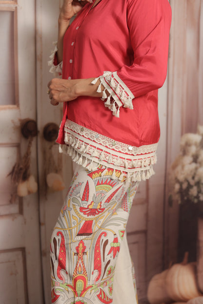 Reddish Pink Printed Co'ord Set (Plazo Set) | Muslin & Cotton