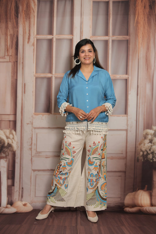 Calm Blue Printed Co'ord Set (Plazo Set) | Muslin & Cotton