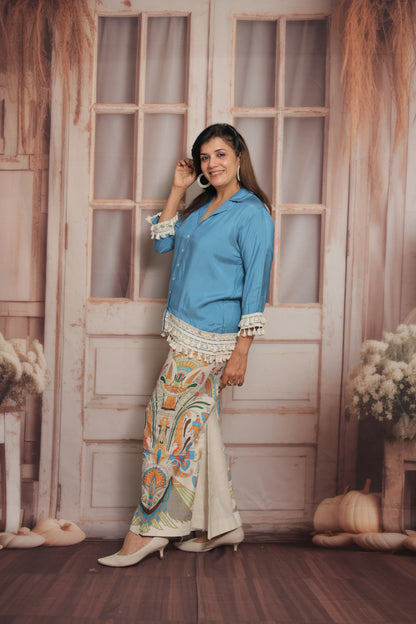 Calm Blue Printed Co'ord Set (Plazo Set) | Muslin & Cotton