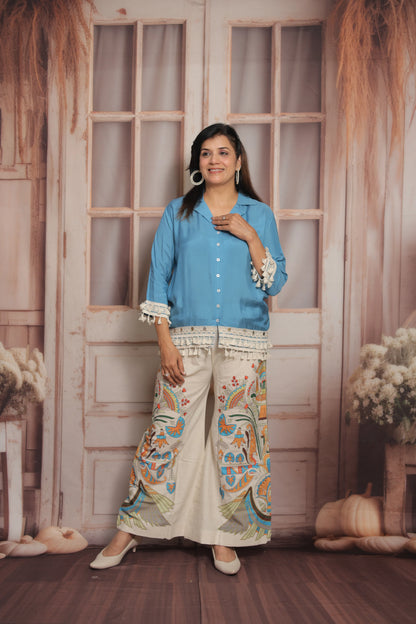 Calm Blue Printed Co'ord Set (Plazo Set) | Muslin & Cotton