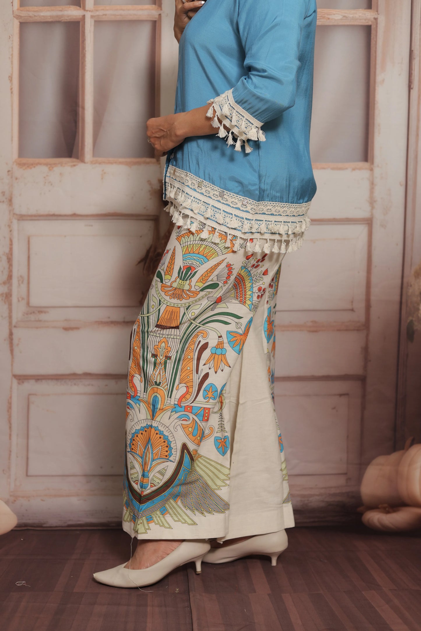 Calm Blue Printed Co'ord Set (Plazo Set) | Muslin & Cotton