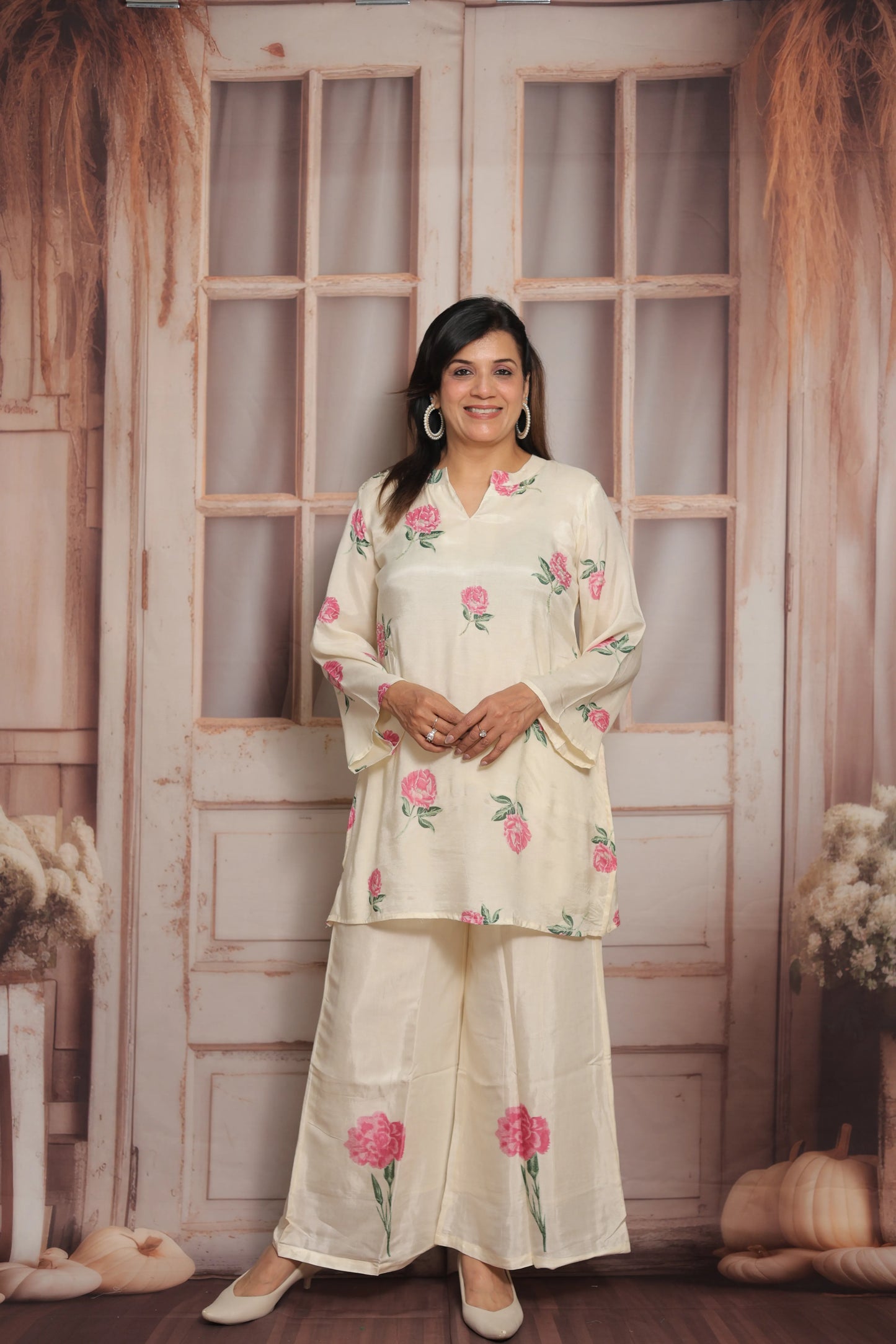 Off White Printed Co'ord Set | Soft Silk | Pearl Work & Floral Print