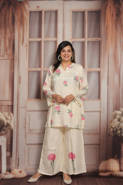 Off White Printed Co'ord Set | Soft Silk | Pearl Work & Floral Print