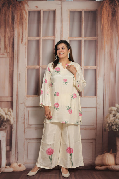 Off White Printed Co'ord Set | Soft Silk | Pearl Work & Floral Print