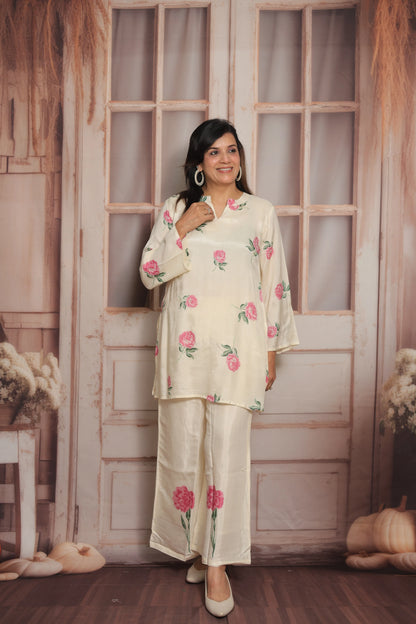 Off White Printed Co'ord Set | Soft Silk | Pearl Work & Floral Print