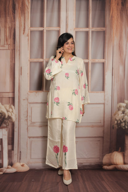 Off White Printed Co'ord Set | Soft Silk | Pearl Work & Floral Print