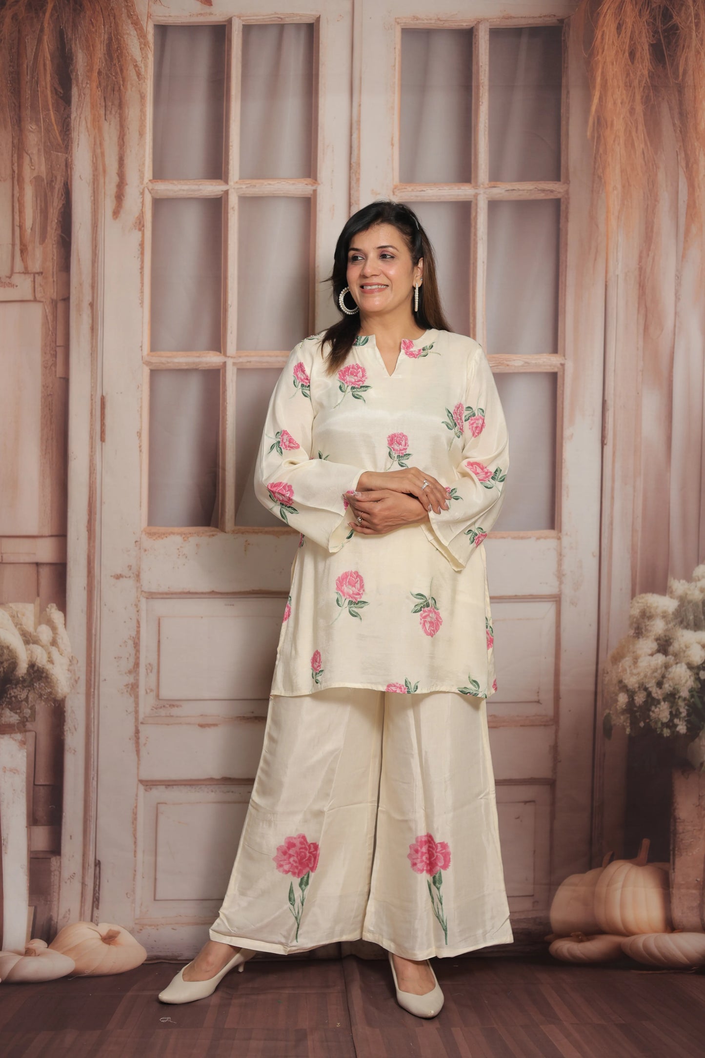 Off White Printed Co'ord Set | Soft Silk | Pearl Work & Floral Print