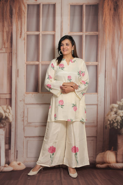 Off White Printed Co'ord Set | Soft Silk | Pearl Work & Floral Print