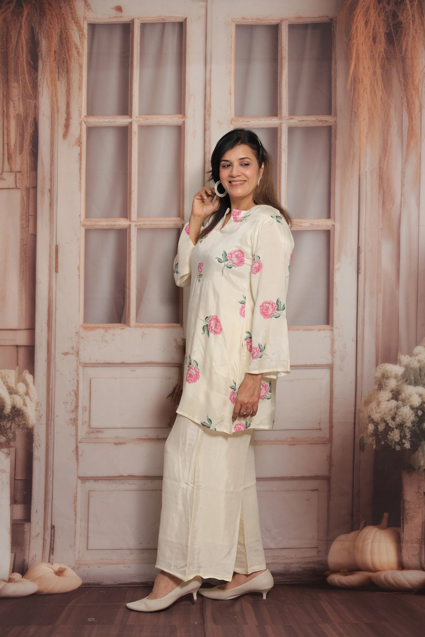 Off White Printed Co'ord Set | Soft Silk | Pearl Work & Floral Print